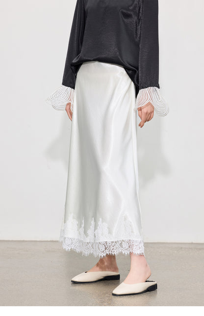 Elegant High-Waist Satin Lace Patchwork Skirt