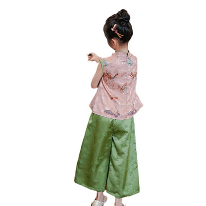 Retro Chinese Style Girls Two-Piece — Summer Cheongsam Top & Skirt