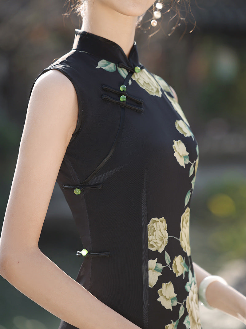 Elegant Dark Green Cheongsam – Retro Spring High-End Dress