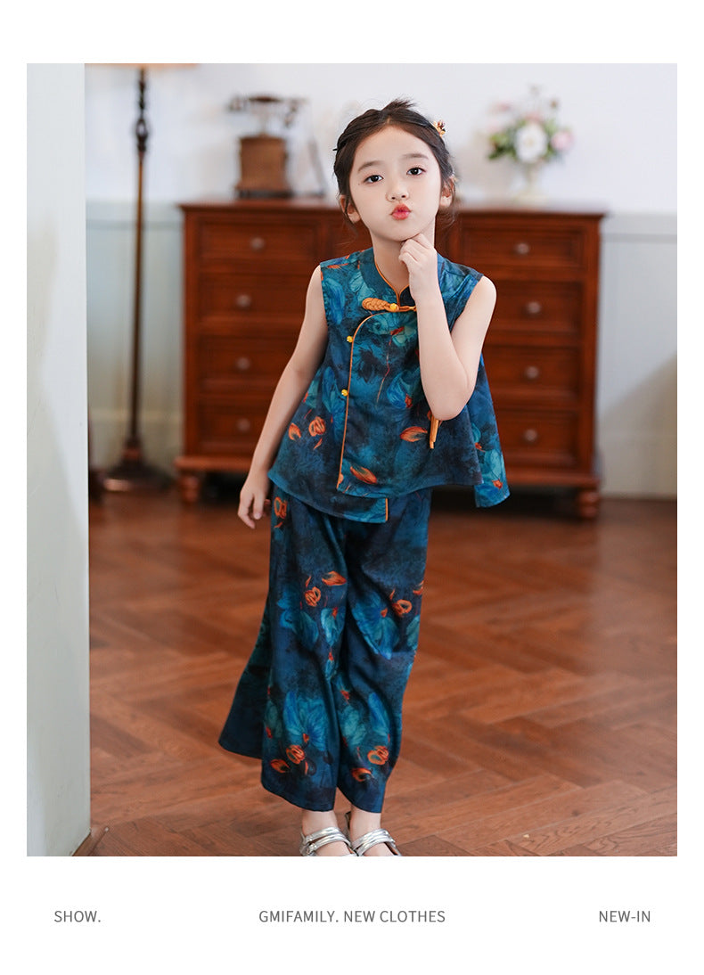 Children’s Summer Hanfu — Floral Top & Comfortable Wide-Leg Pants