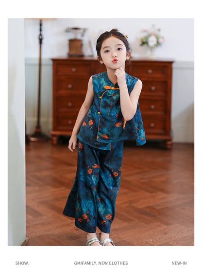 Children’s Summer Hanfu — Floral Top & Comfortable Wide-Leg Pants