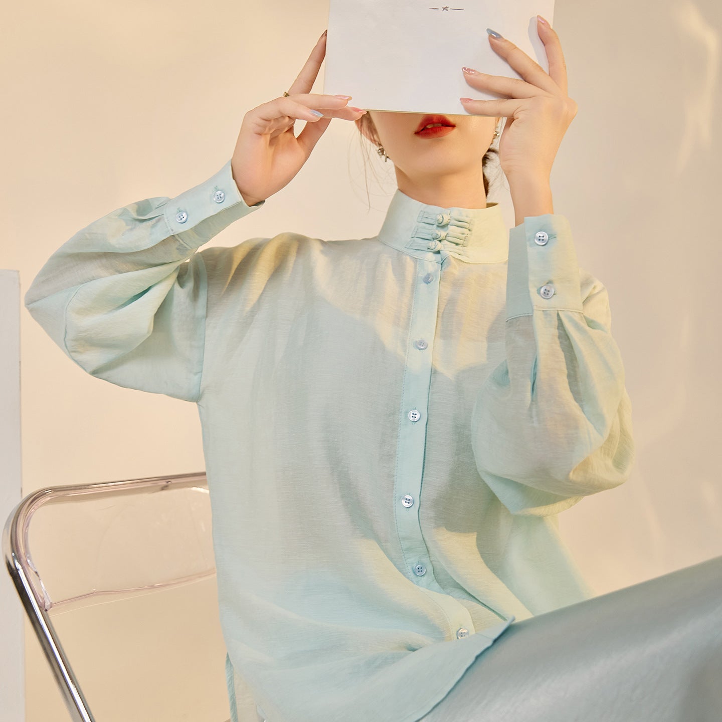 Autumn Button-Up Stand Collar National Style Top & Skirt Set