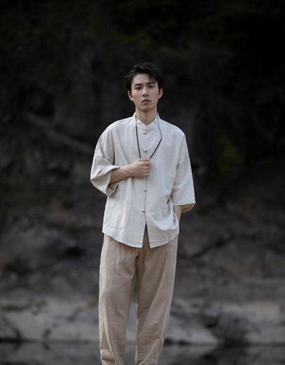 Summer Chinese Cotton Linen Shirt Men Casual Thin Youth Trend Top