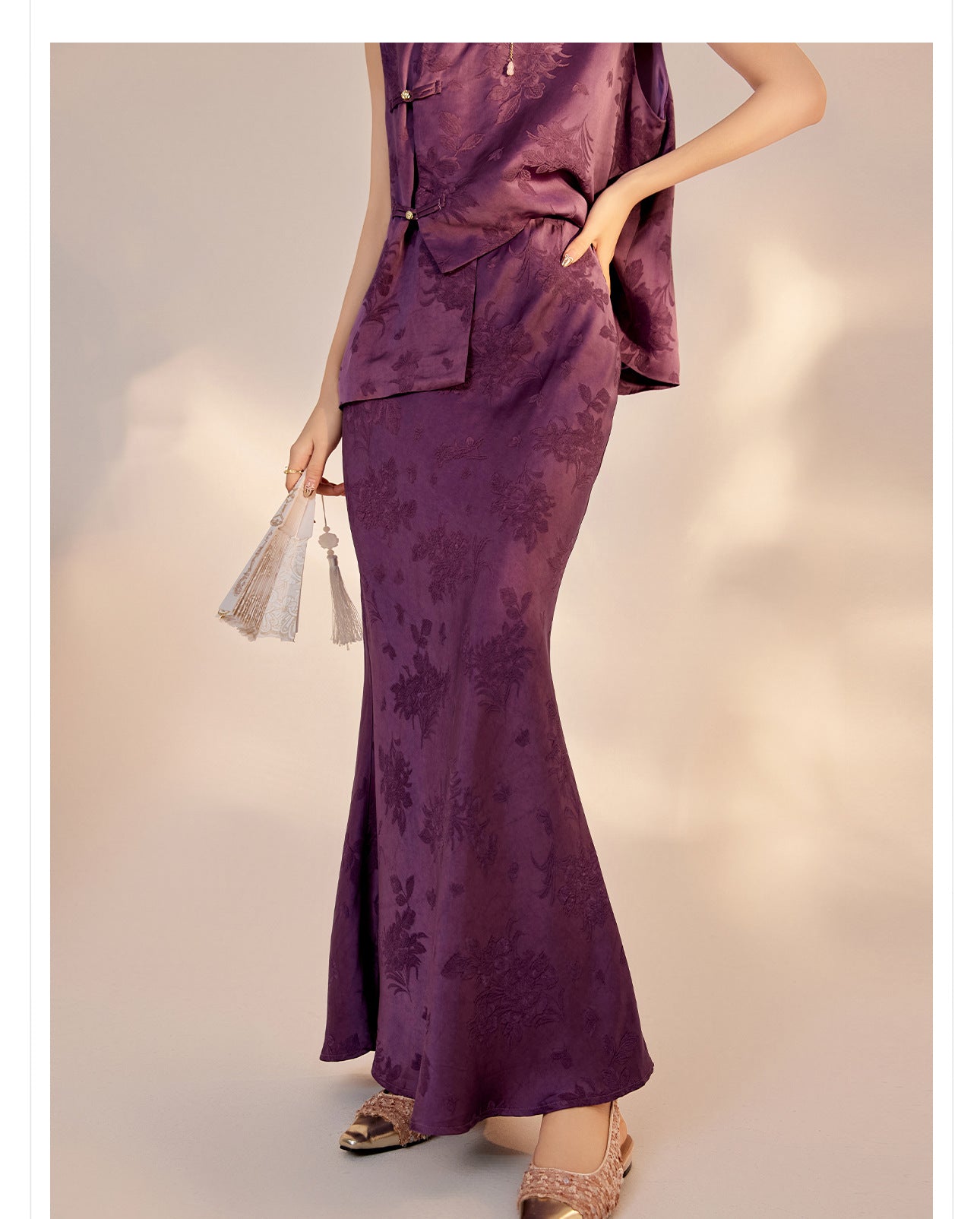 2026New Chinese Style Super Beautiful Purple Printed Rayon Vest and Skirt Early Autumn Set for Women