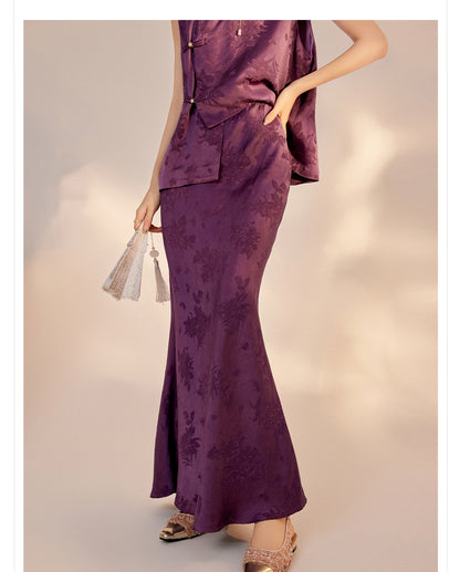 2026New Chinese Style Super Beautiful Purple Printed Rayon Vest and Skirt Early Autumn Set for Women