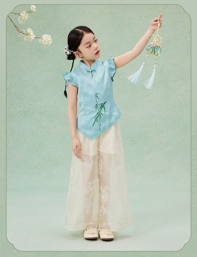 Children’s Chinese Summer Set — Shirt Top & Loose Wide-Leg Pants