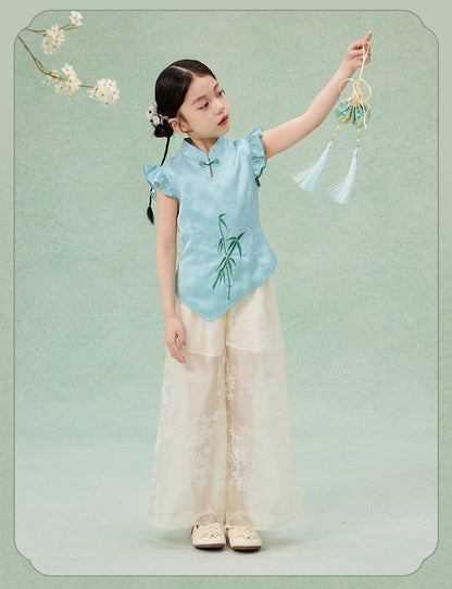 Children’s Chinese Summer Set — Shirt Top & Loose Wide-Leg Pants