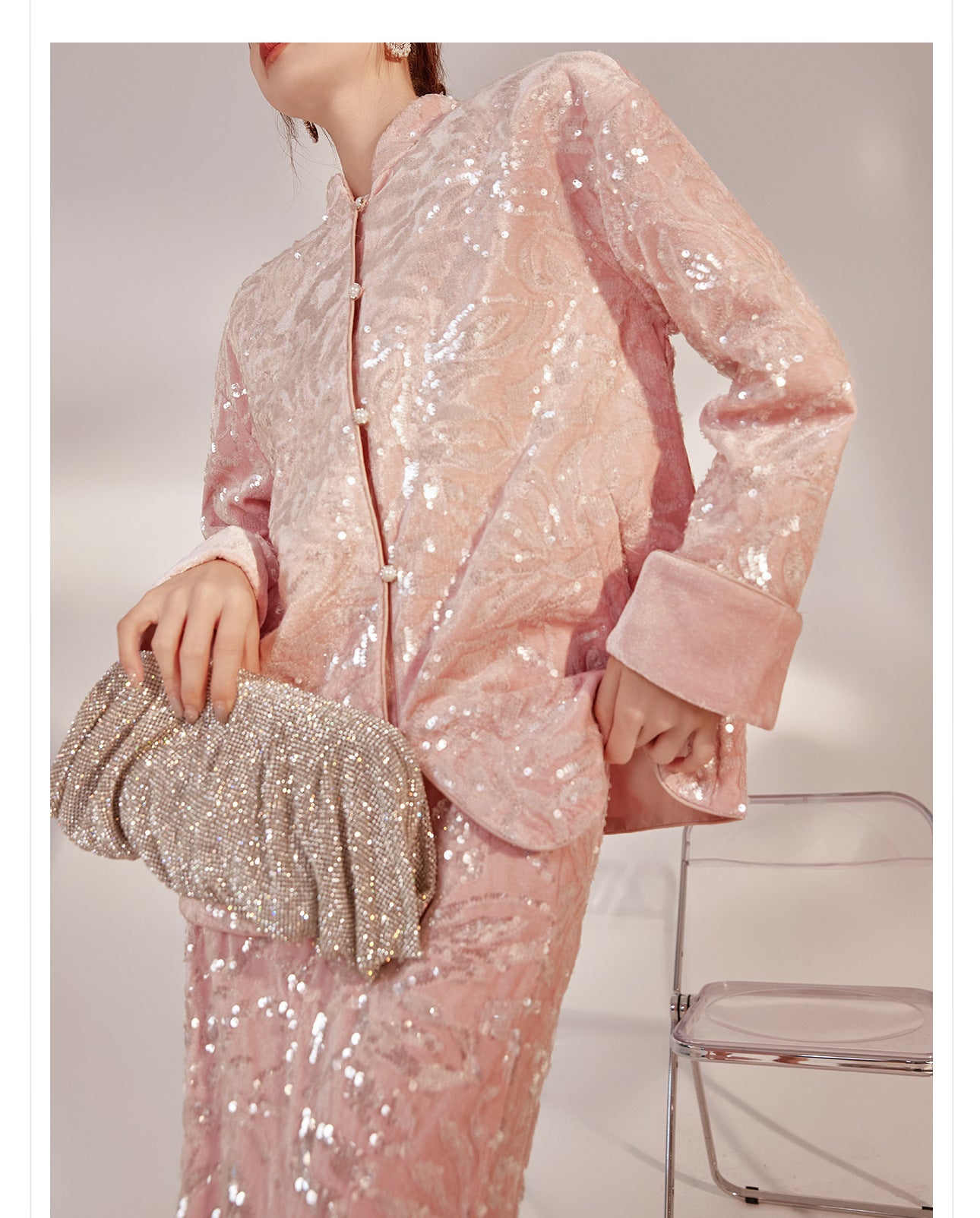 New Chinese Satin Floral Sequin Button Light Luxury Loose Coat