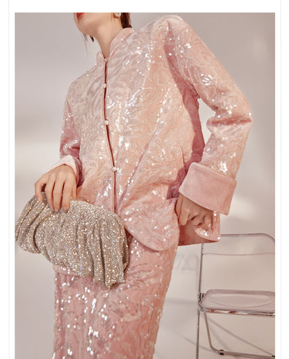 New Chinese Satin Floral Sequin Button Light Luxury Loose Coat