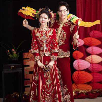Chinese Wedding Xiuhe Dress Bride Velvet Toast Suit Set