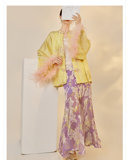 New Chinese Embroidered Feather Sleeve Patchwork Top & Skirt Set