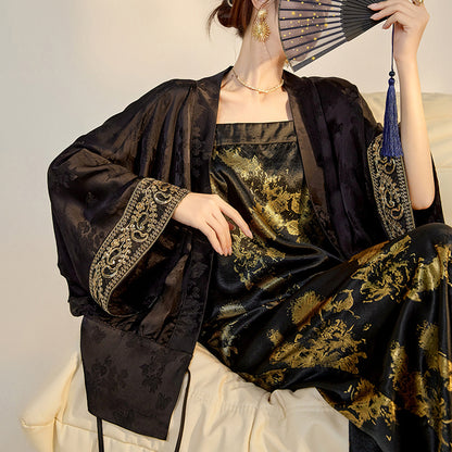 Summer New Chinese Printed Rayon Shirt & Strap Dress Set