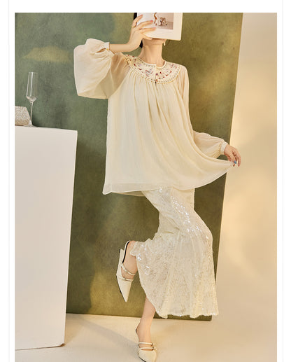 New Chinese Style Embroidered Mesh Shirt | Autumn Light Luxury Elegant Top