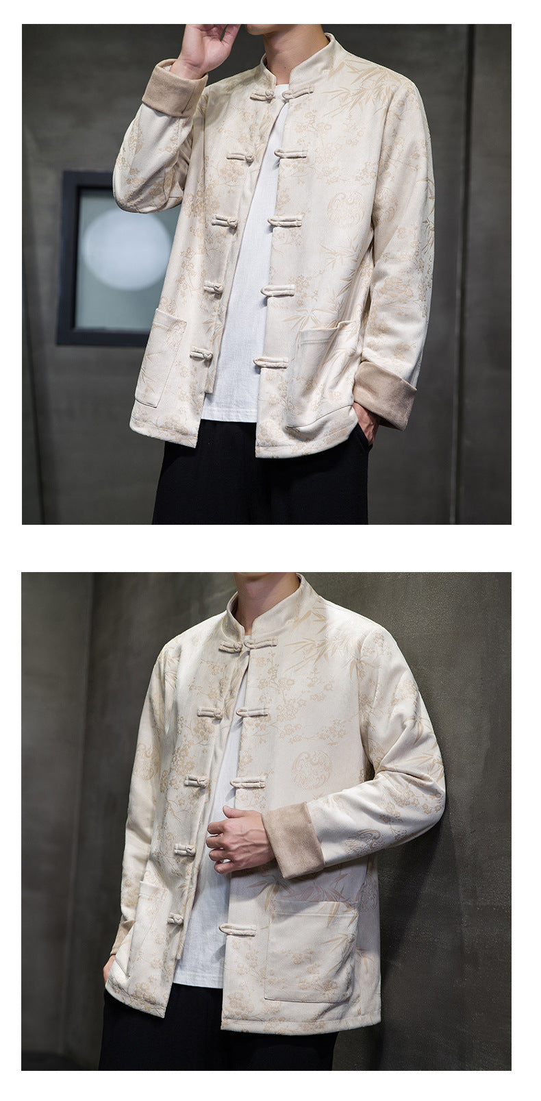 Chinese Style Mens Retro Tang Suit Button Printed Velvet Coat