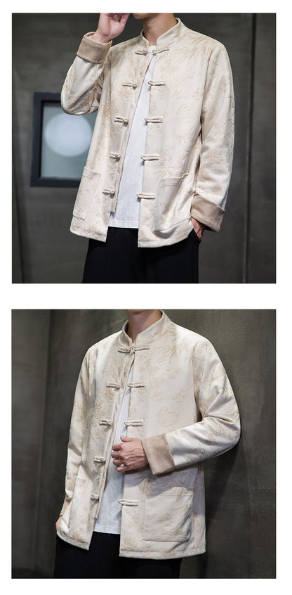 Chinese Style Mens Retro Tang Suit Button Printed Velvet Coat