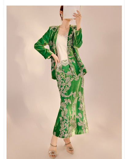 2025 Spring New Chinese Beaded Embroidered Silk Cardigan & Skirt Set