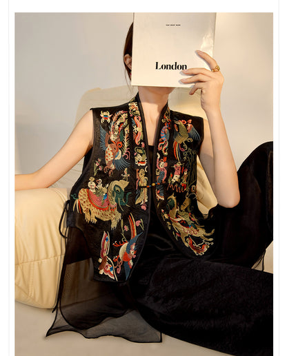2026 New Chinese Style Silk Embroidered Mesh Patchwork Vintage Vest