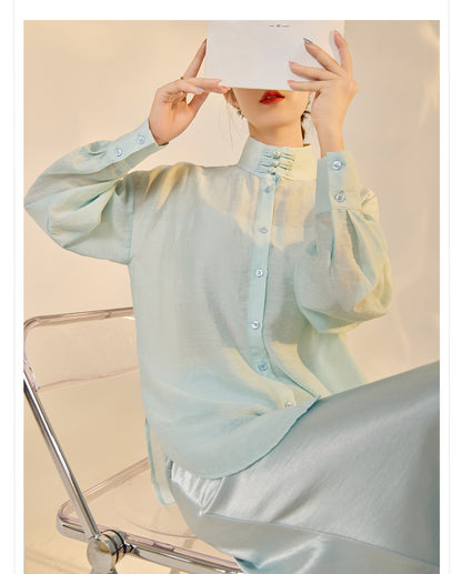 Autumn Button-Up Stand Collar National Style Top & Skirt Set