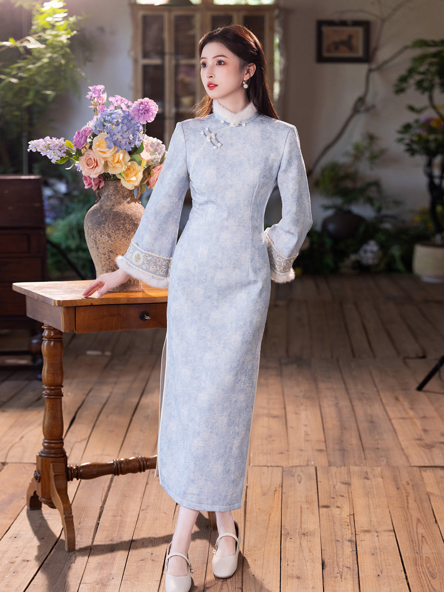 Gentle Brightening Cheongsam | New Chinese Style Winter Thickened Fleece Dress