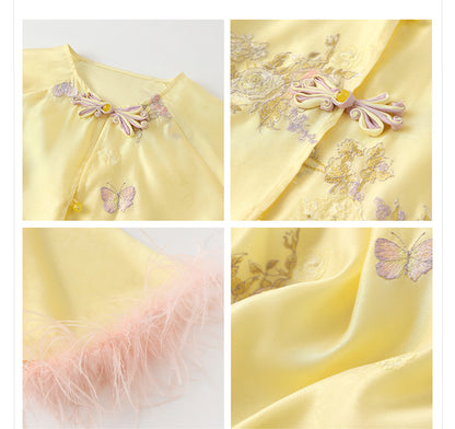 New Chinese Embroidered Feather Sleeve Patchwork Top & Skirt Set