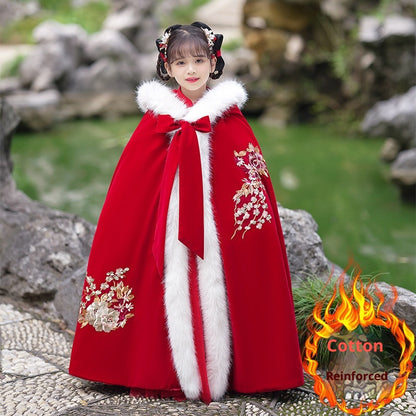 Girls' Winter Hanfu Cloak with Fur Collar Hooded Fairy Cape