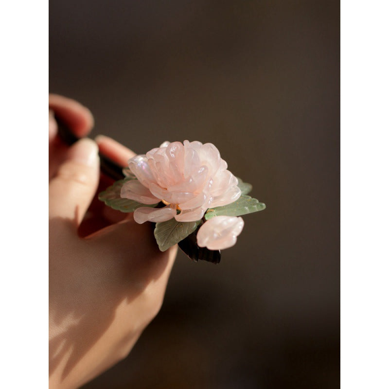 Hanfu Cheongsam Hairpin Pink Peony Forest Style Sweet Hair Accessory