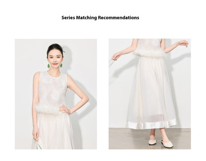 Double-Layer Mesh Patchwork Long Skirt with Elastic Waist