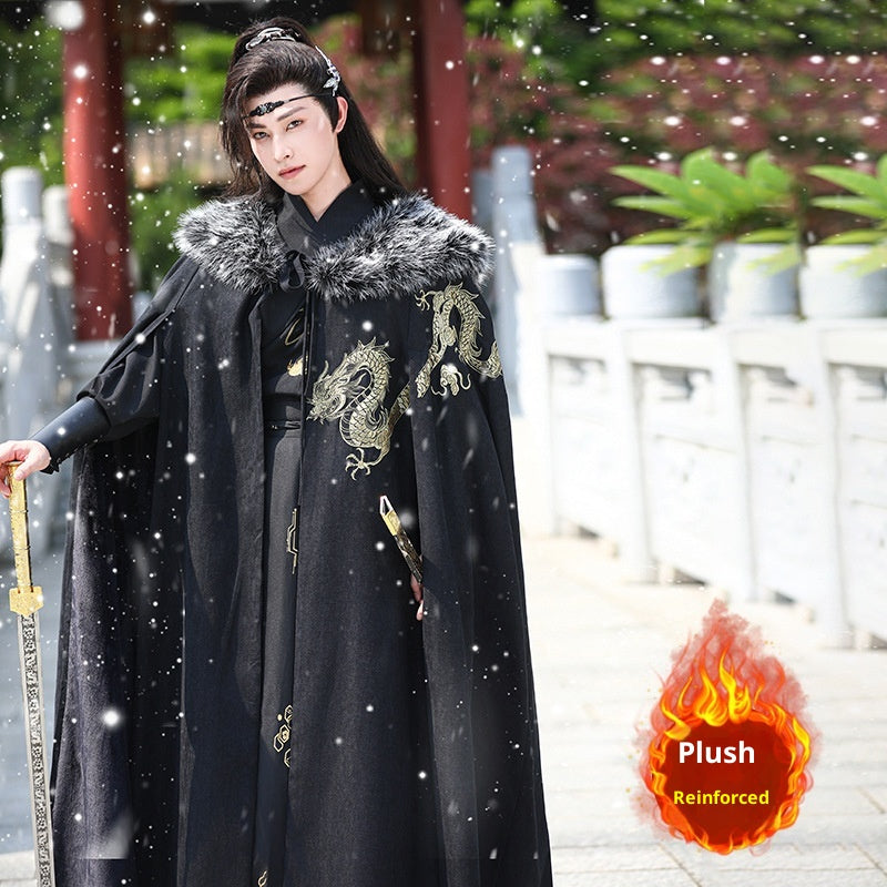 Men's Fleece-Lined Fur Collar Cloak New Chinese Style Winter Hanfu