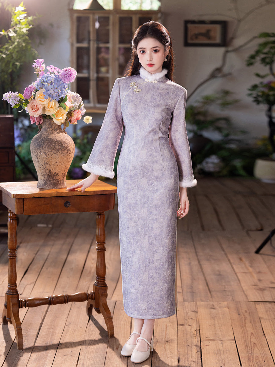 New Chinese Style Purple Qipao | Thickened Warm Retro Winter Dress