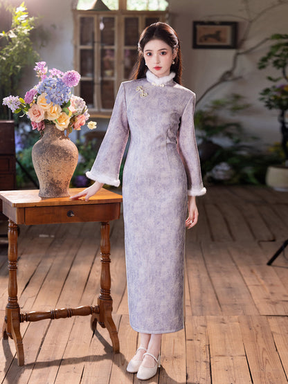 New Chinese Style Purple Qipao | Thickened Warm Retro Winter Dress