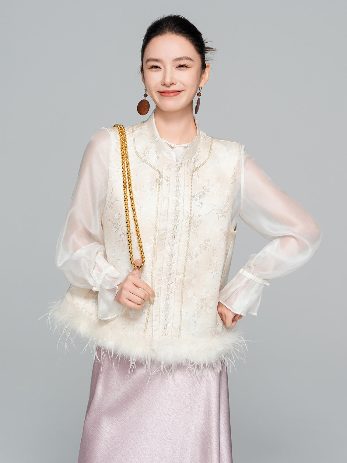 Elegant Stand Collar Jacquard Furry Vest