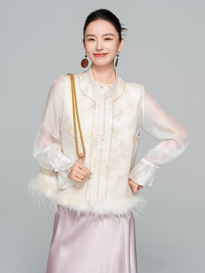 Elegant Stand Collar Jacquard Furry Vest