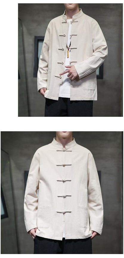 Mens Autumn Chinese Style Hanfu Tang Suit Button Up Cotton Linen Top