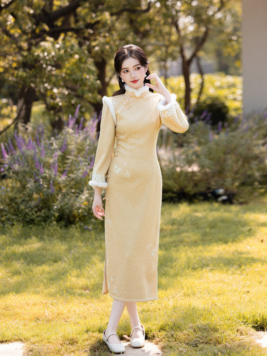 Long Sleeve Crystal Velvet Qipao | Winter Thickened Fleece Lined Dress