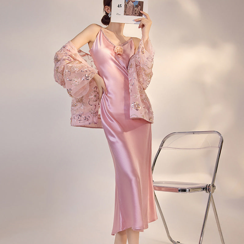 French Style Pink 3D Rose Acetate Strap Dress Elegant Long Gown