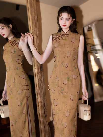 Spring Wild Duck Yellow Cheongsam – Youth Slim Sleeveless Dress