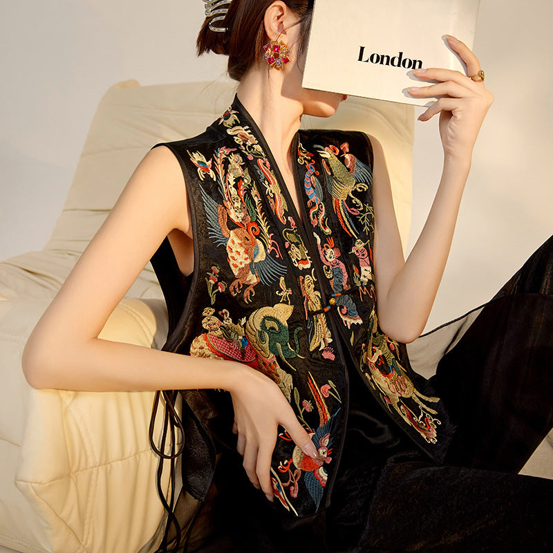 2026 New Chinese Style Silk Embroidered Mesh Patchwork Vintage Vest