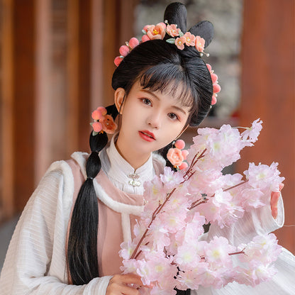 Peach Hanfu Hair Clips Velvet Flower Kids Costume Cute Chinese Style Accessories