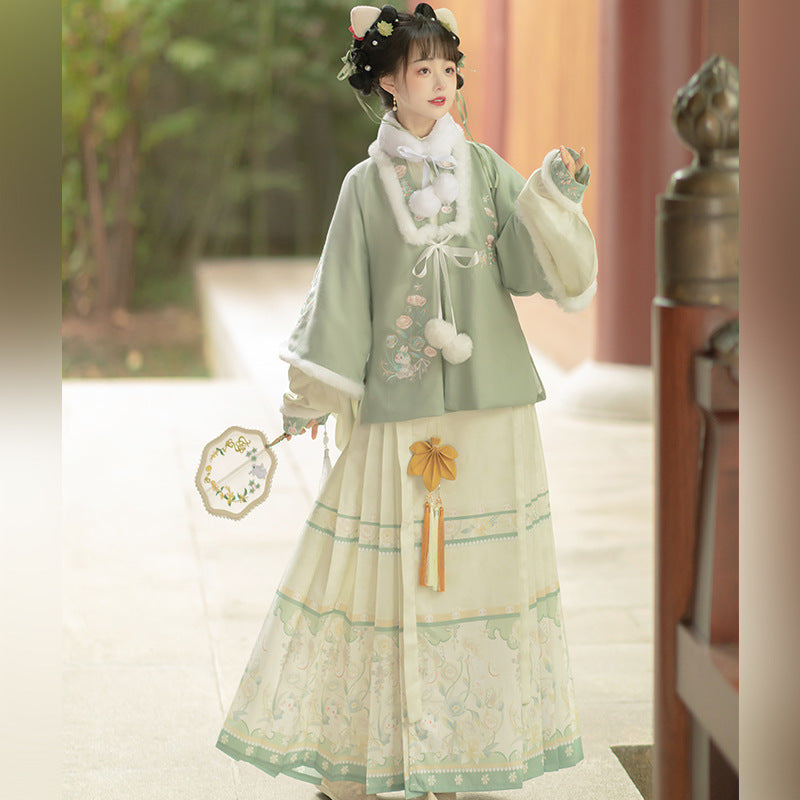 Trees of Sea Women Ming Hanfu Set: Embroidered Stand Collar Jacket & Horse Face Skirt New Year