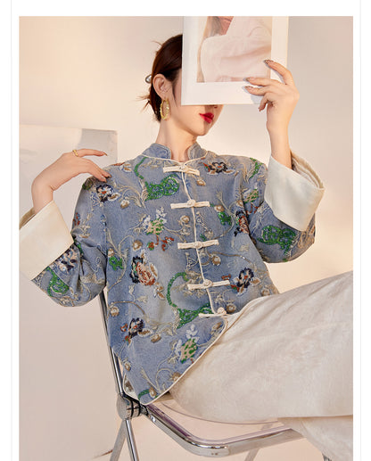 Blue Sequin Embroidered Denim Jacket High-End New Chinese Style
