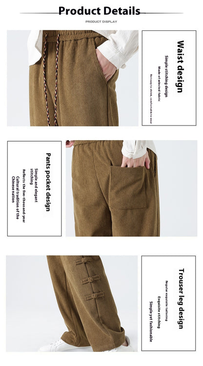 Chinese Style Mens Button Corduroy Pants Large Size Casual Sweatpants