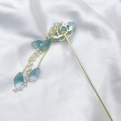 Ancient Style Blue Flower Hairpin High End Chinese Style Pearl Tassel Hairpin