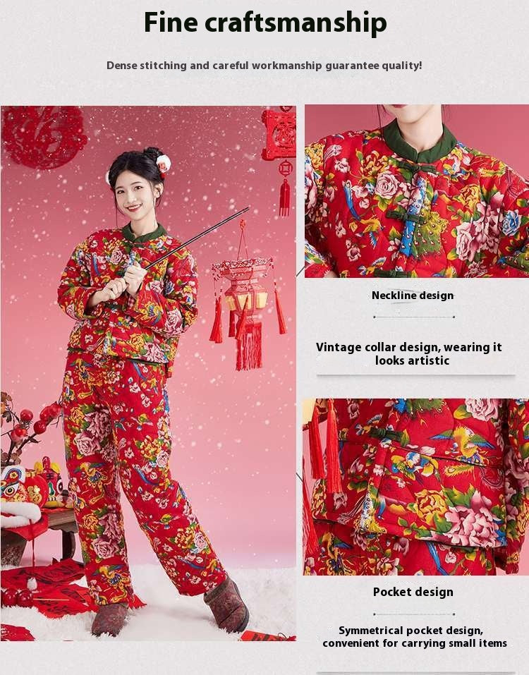 Northeast Floral Winter Jacket Women Thick Ethnic Cotton Coat Set
