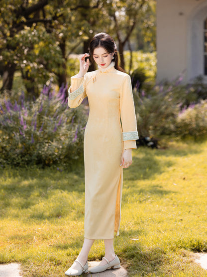 Yellow Fleece-Lined Long Sleeve Qipao | Winter New Chinese Style 2025