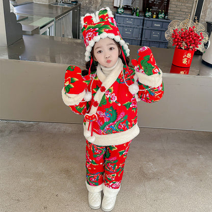 Northeast Floral Girls Padded Jacket Winter Rabbit Ear Four-Piece