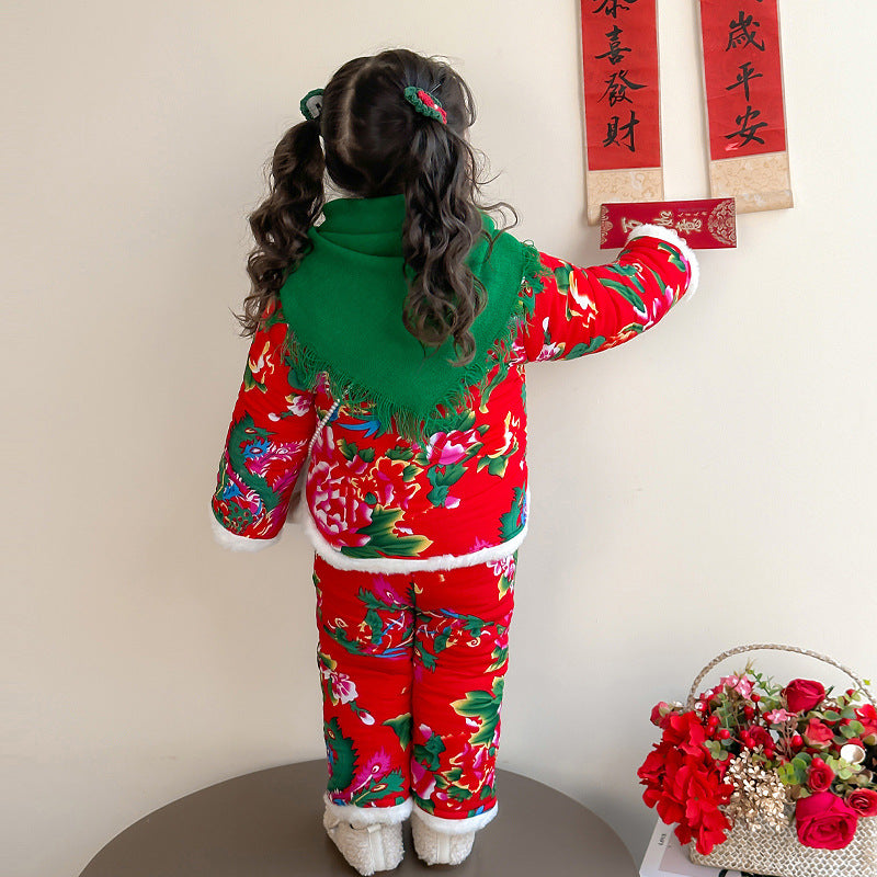Winter Girls Floral Jacket & Pants Thickened Two-Piece Set