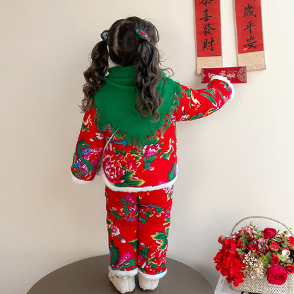 Winter Girls Floral Jacket & Pants Thickened Two-Piece Set