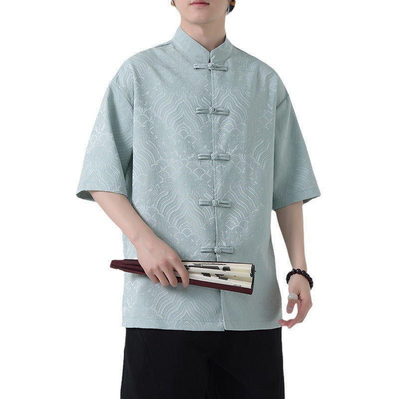 New Chinese Style Tang Shirt — Men’s Short-Sleeve Retro Button-Up Top