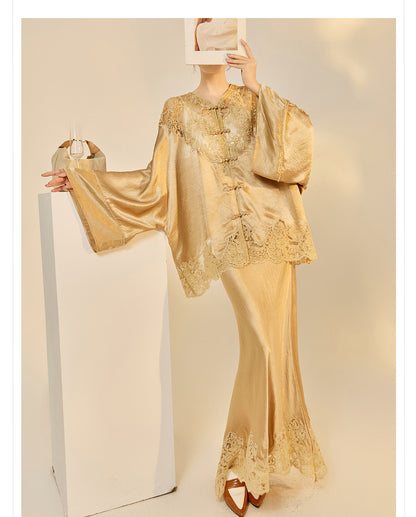 New Chinese Style Embroidered Jacket Skirt Set | Heavy Bead Lace Patchwork