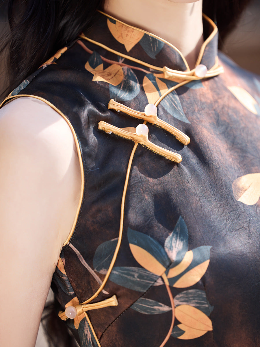 Black Sleeveless Cheongsam – Old Shanghai Printed Slim Dress